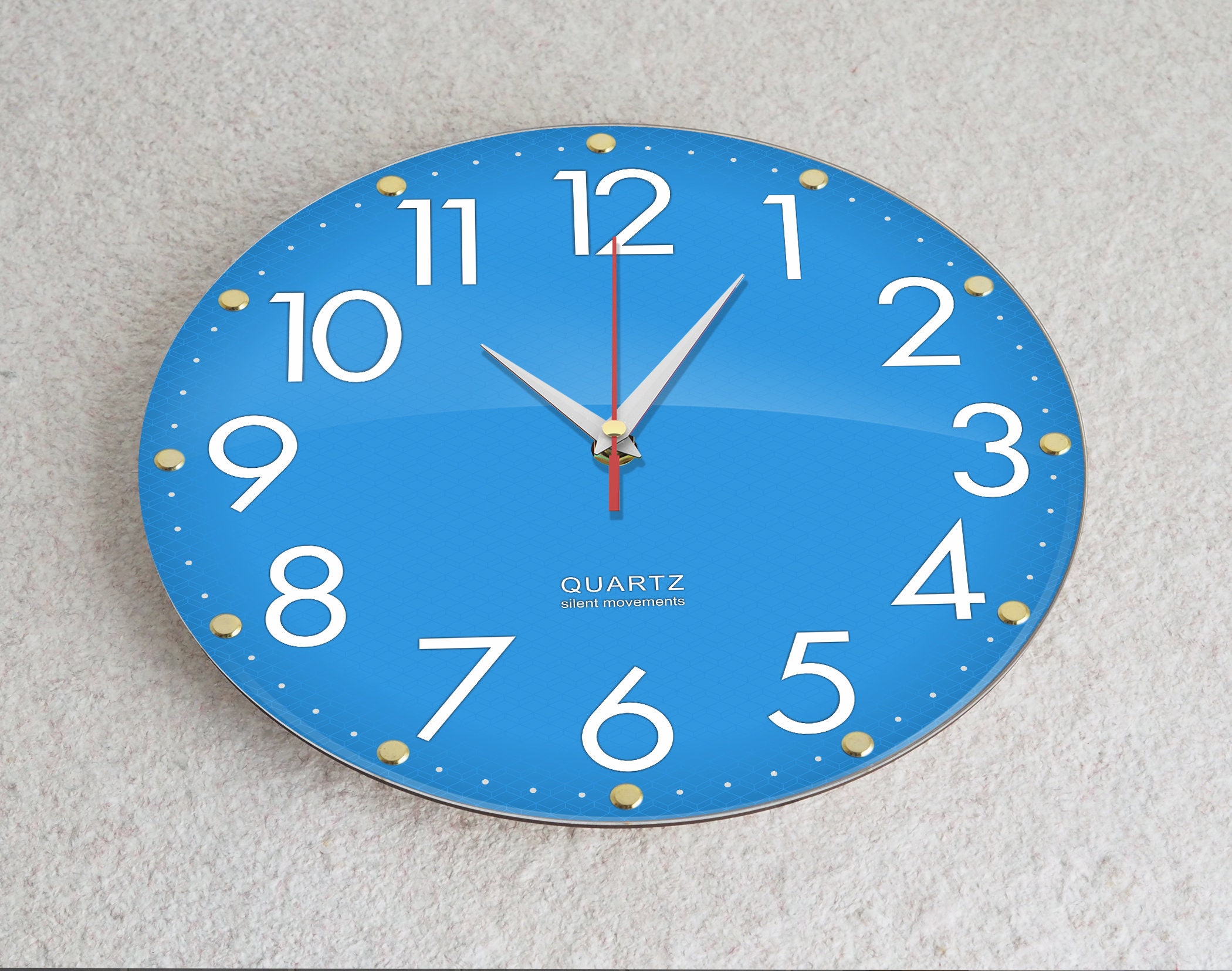 Blue Wall Clock With Numbers, Silent Non-ticking Modern Clock