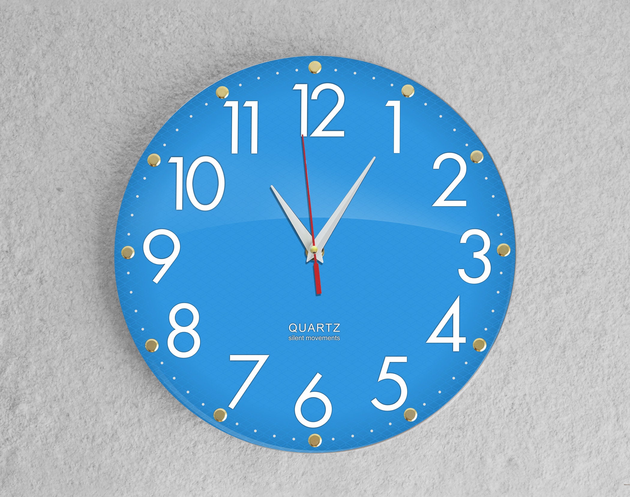 Blue Wall Clock With Numbers, Silent Non-ticking Modern Clock