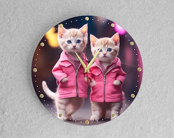 Cats wall clock unique wall clock, wall clock large, best present silent clock gift for mam, Pink dressed for catwalk wall clock 12 inch