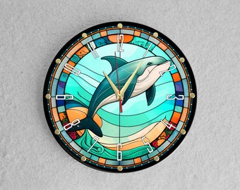 Amazing Dolphin wall clock, unique wall clock, stained glass style, best gift, silent clock, gift for dolphin lovers, kids room decor.