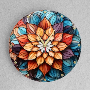 May include: A round clock with a colorful floral design. The clock face is a mandala of orange, red, blue, and purple petals. The clock hands are gold.