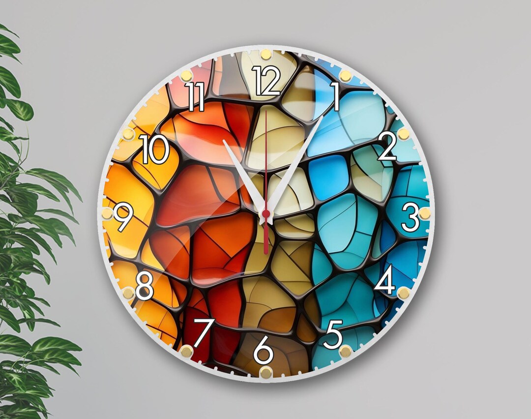Wall Clock Color Full Bright Color Dial 12 Inch, Large Wall Clock, Non-ticking Stained Glass ...