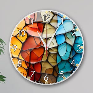 Bright Color Dial 12 Inch, Large Wall Clock, Non-Ticking Stained Glass Style