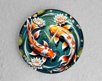 12 inch Koi Fish large wall clock, Wall Clock Silent Non Ticking, Quality Quartz Battery Operated Round Unique Wall Clock/Office/Bedroom