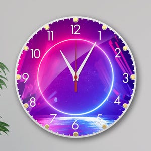 Modern Neon Style Wall Clock - Vibrant Colors, Easy to Read 12 Inch - Non Ticking Cool clock, Decorative for Living Room/Bedroom/Office