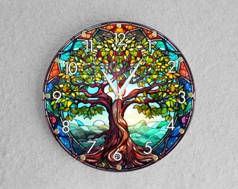 Tree of Life wall Clock for living room, Stained Glass Design Wall Clock, Silent Wall Clock for bedroom, large wall clock with numbers.