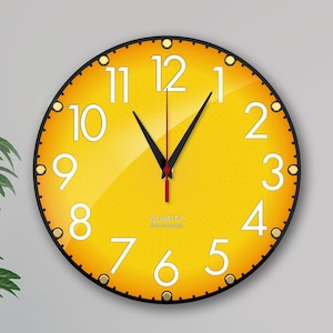 Gul väggklocka i akryl, tyst, icke-tickande, modern heminredning