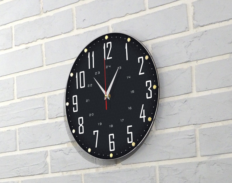 May include: A black and white clock with gold accents and a red second hand. The clock face has numbers 1 through 12 and 17 through 24.