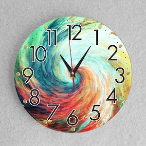 May include: A round clock with a colorful abstract swirl design. The clock face has black numbers and hands, and a red second hand.