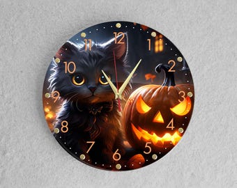 Black Cat and Pumpkin Wall Clock: Halloween Home Decor