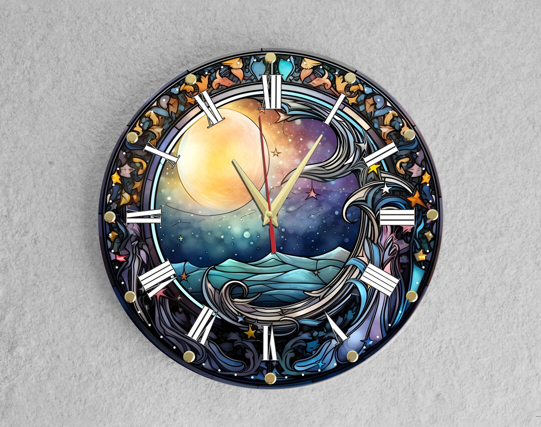 Celestial Moon Star Wall Clock, Watercolor Art Print, Acrylic Silent ...