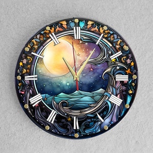 May include: A round clock with a blue, purple, and yellow stained glass design. The clock face features a crescent moon, stars, and waves. Roman numerals mark the hours.