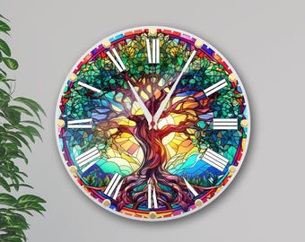 Baum des Lebens Wanduhr für Wohnzimmer, Stained Glass Design Wanduhr, Stille Wanduhr für Schlafzimmer, große Wanduhr mit Zahlen.