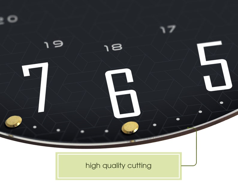 May include: Close-up of a black clock face with white numbers and gold accents. The numbers 17, 18, 19, and 20 are visible. The numbers 5, 6, and 7 are also visible. The clock face has a geometric pattern. The edge of the clock is brown.