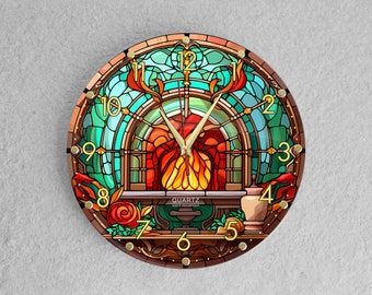 Stained glass Christmas fireplace Non-Ticking Wall Clock, silent wall clock, living room clock, kitchen, wall decor clock, unique wall clock