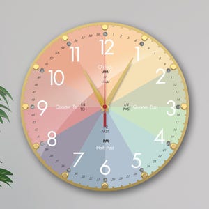 Educational tool for homeschool, Color Wheel wall Clock, Simple Wall Clock, Pastel Colors Clock, Time Clock Educational Clock, large clock