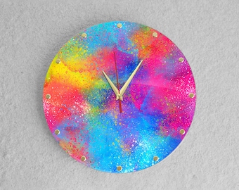 Colorful wall clock, Happy holi wall clock, acrylic clock, unique gift, unique wall clock, large wall clock, silent clock, Non Ticking clock