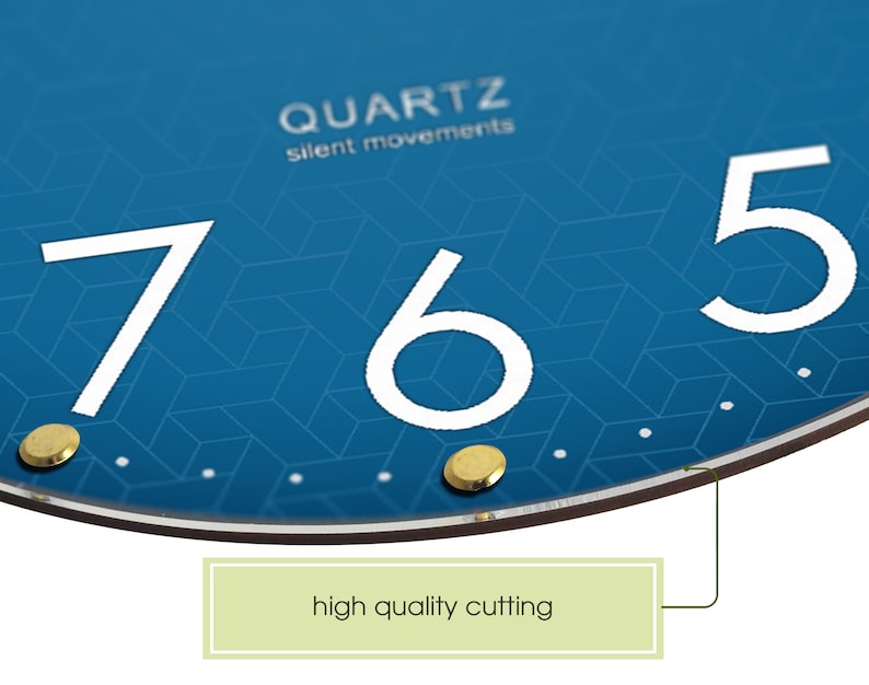 May include: Close-up of a blue clock face with white numbers 7, 6, and 5. The clock face has a geometric pattern and the text "QUARTZ silent movements" is printed at the top. The clock face is surrounded by a brown frame.