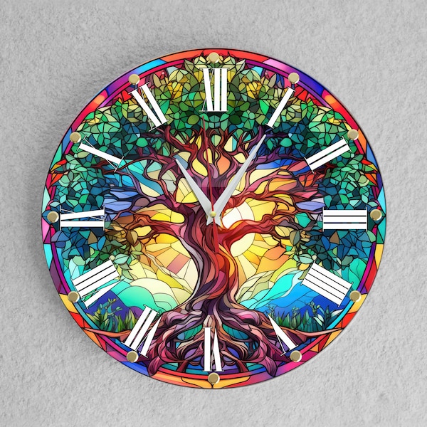 Stained glass Tree of Life Clock for living room, Spiritual Clock, unique large clock, Stained Glass Tree Design Wall Clock, modern gift.