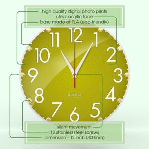 Olive Green Wall Clock, 12 Inch Silent Clock, Sage Green Decor, Earthy Boho Home Decor, Neutral Wall Art, Non Ticking, Organic Modern Clock image 3