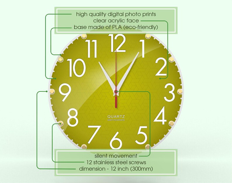 Olive Green Wall Clock, 12 Inch Silent Clock, Sage Green Decor, Earthy Boho Home Decor, Neutral Wall Art, Non Ticking, Organic Modern Clock image 3