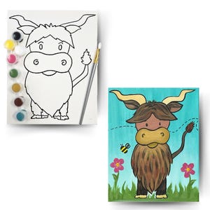 May include: A paint-by-numbers kit featuring a cartoon Highland cow with a bee and flowers. The kit includes a canvas, paint, and a brush.