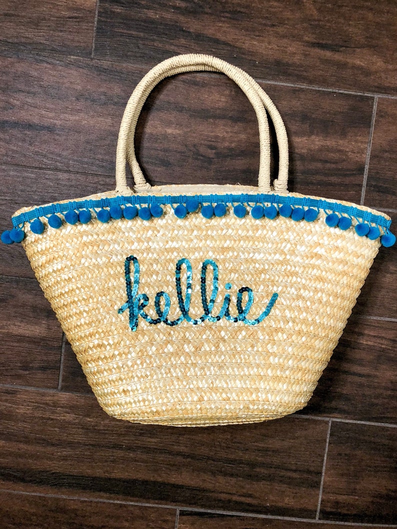 Straw Tote Beach Bag Pom Pom & Tassel Colorful Boho Sequin Customizable