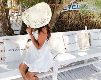 Sun Hat Mrs. Mrs Honeymoon Wedding Sequin Pom Pom Sunhat Gift | Customizable Floppy Wide Brim Beach Hat
