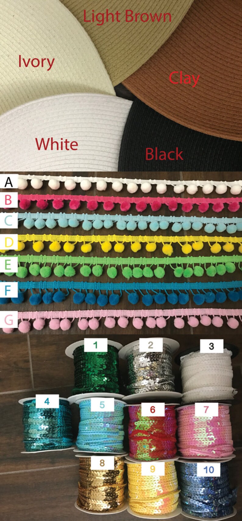 May include: Assortment of pom-pom trim and sequin trim in various colors. The trim is arranged in rows labeled A through G and 1 through 10. The colors include white, pink, blue, yellow, green, turquoise, gold, and silver.