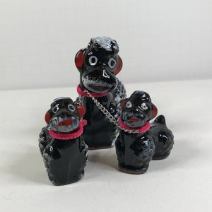 Ceramic Black Poodle With Puppies, Redware Black Poodles, Black Poodle With Puppies, Black Poodle Ceramic Figurines, Japan Ceramics