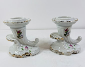 Moss Rose Cornucopia Shaped Candleholders, Moss Rose Candleholders, Cornucopia Candleholders