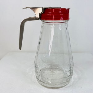 1930&#39;s Glass Syrup Pitcher, Red Top Glass Syrup Pitcher, Clear Ribbed Glass Syrup Pitcher, Vintage Owens Glass Syrup Pitcher