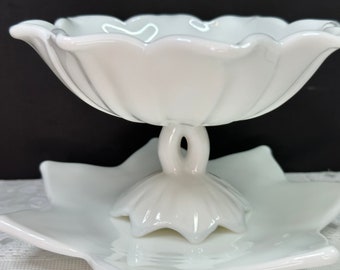Westmoreland Milk Glass Lotus Compote with Underplate, Westmoreland Milk Glass Compote, Milk Glass Pedestal Bowl, Milk Glass Candy Dish