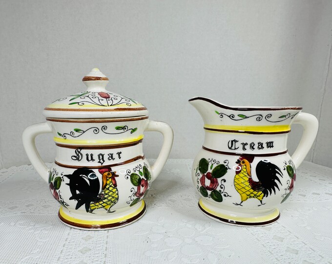 Ascon Rooster and Roses Creamer and Sugar Bowl, Rooster Sugar and