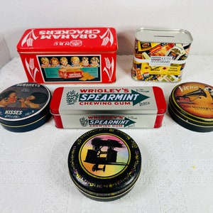 CHOICE Small Advertising Tins, Graham Cracker Tin, His Masters Voice Tin, Hershey Kiss Tin, Singer Sewing Tin, Wrigley Gum Tin, Hormel Tin