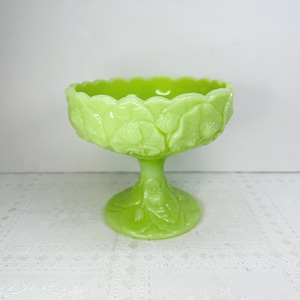 Fenton Green Glass Compote, Fenton Glass Green Water Lily Compote, Fenton Glass Pedestal Dish, Fenton Pedestal Bowl