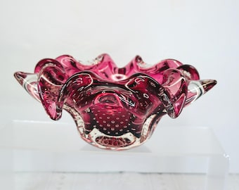 Art Glass Bubble Petal Bowl, Cranberry & Clear Bubble Glass Bowl,