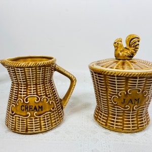 Basketweave Creamer and Jam Jar, 1960 Rooster Pottery Creamer and Jam Jar, Basketweave Creamer, Basketweave Jam Jar,