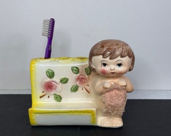 Vintage Girl Figurine Toothbrush Holder, Girl Figurine Ceramic Toothbrush Holder,