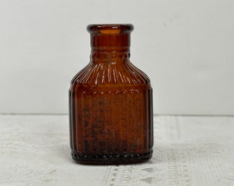 Miniature Ribbed Amber Medicine Poison Bottle, Miniature Amber Medicine Bottle, Miniature Amber Poison Bottle