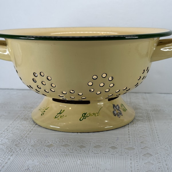 Enamelware Yellow Colander, Decorated Yellow Enameled Colander, Yellow Enamelware Strainer