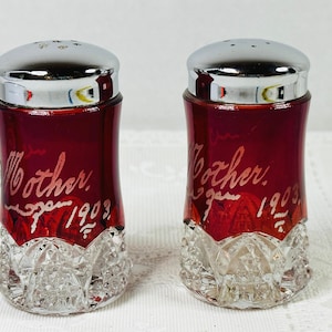 Ruby Flash 1903 Mother Salt and Pepper, Ruby Stain Salt and Pepper Shakers