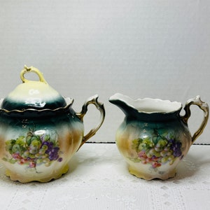 German Porcelain Sugar Bowl and Creamer, German Porcelain Grape Design Creamer and Sugar Bowl, Porcelain Sugar Bowl and Creamer