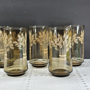 May include: Set of six vintage amber-tinted drinking glasses. Each glass features a wheat sheaf design in gold. The glasses are cylindrical with a slightly flared base, suitable for water or juice.