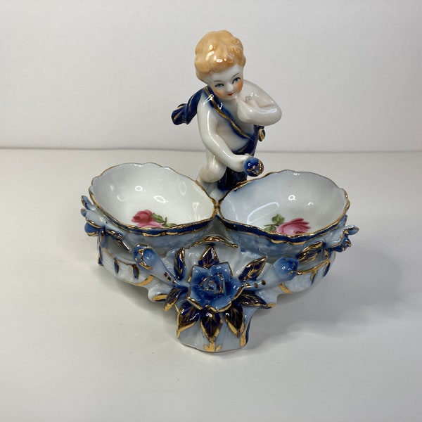 Derby Porcelain Cherub Double Salt Dip, Porcelain Double Salt Dip, Porcelain Salt Open Cellar, Ornate Double Salt Dip,  Double Open Salt