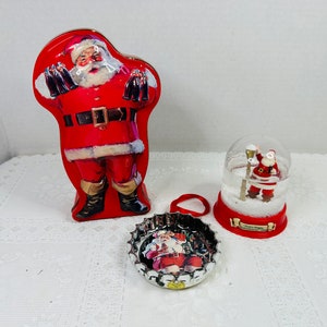 Vintage Coca Cola Christmas Collectibles, Santa Coke Tin, Coke Bottle Cap Ornament, 1986 Coke Snow Globe, Coke Collectible Lot