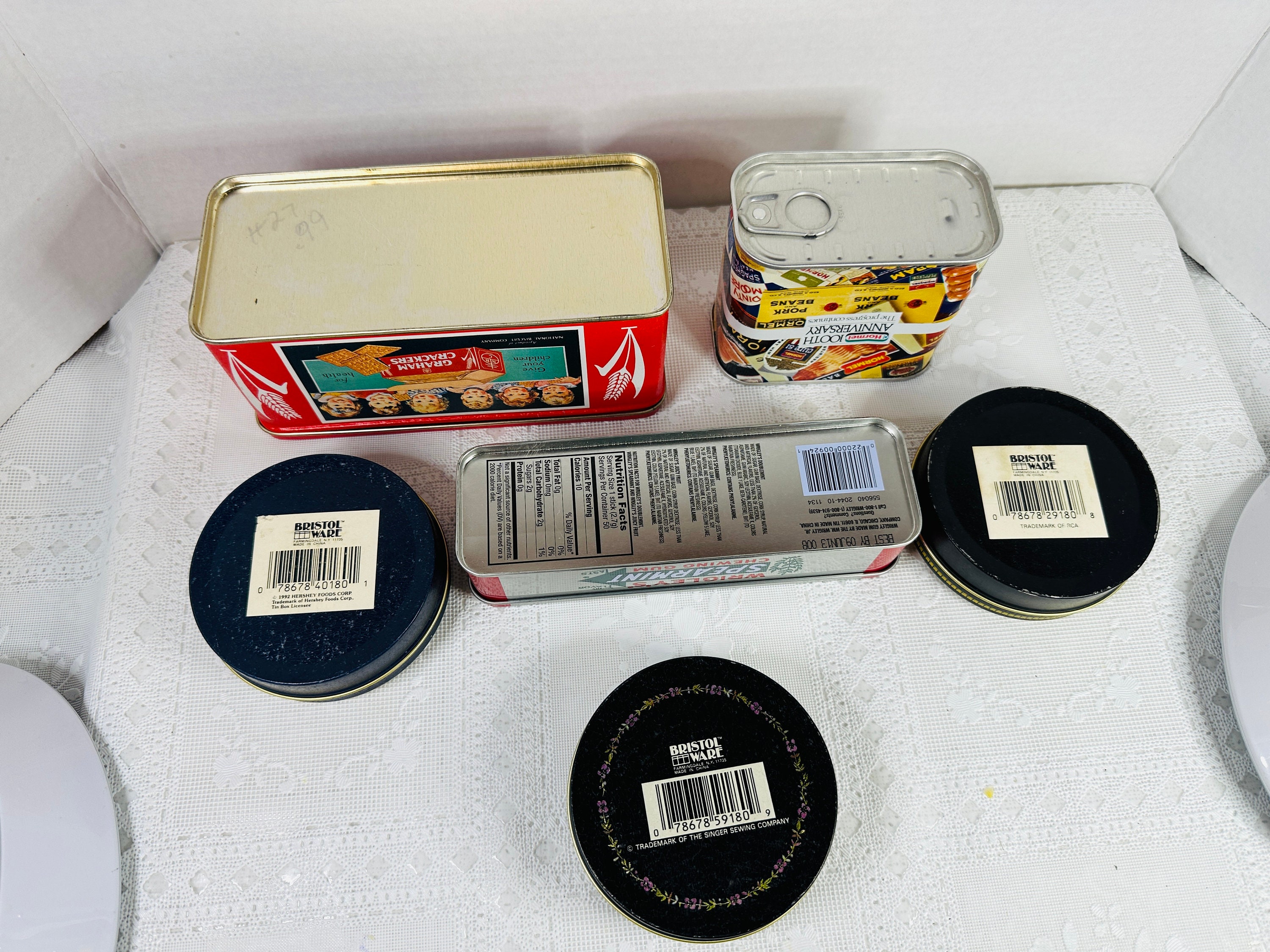 Small Advertising Tins, Singer Sewing Tin, Hormel 100th Year