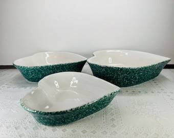 Heart Shaped Spatterware Bowls, Green Spatterware Heart Casserole Dishes, Heart Shaped Ceramic Casserole Bowls, Green Spongeware Bowls