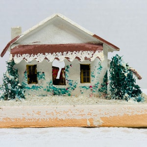 Putz Christmas House With Corrugated Roof and Room Extension, Vintage Cardboard Christmas House.  Christmas Village House,