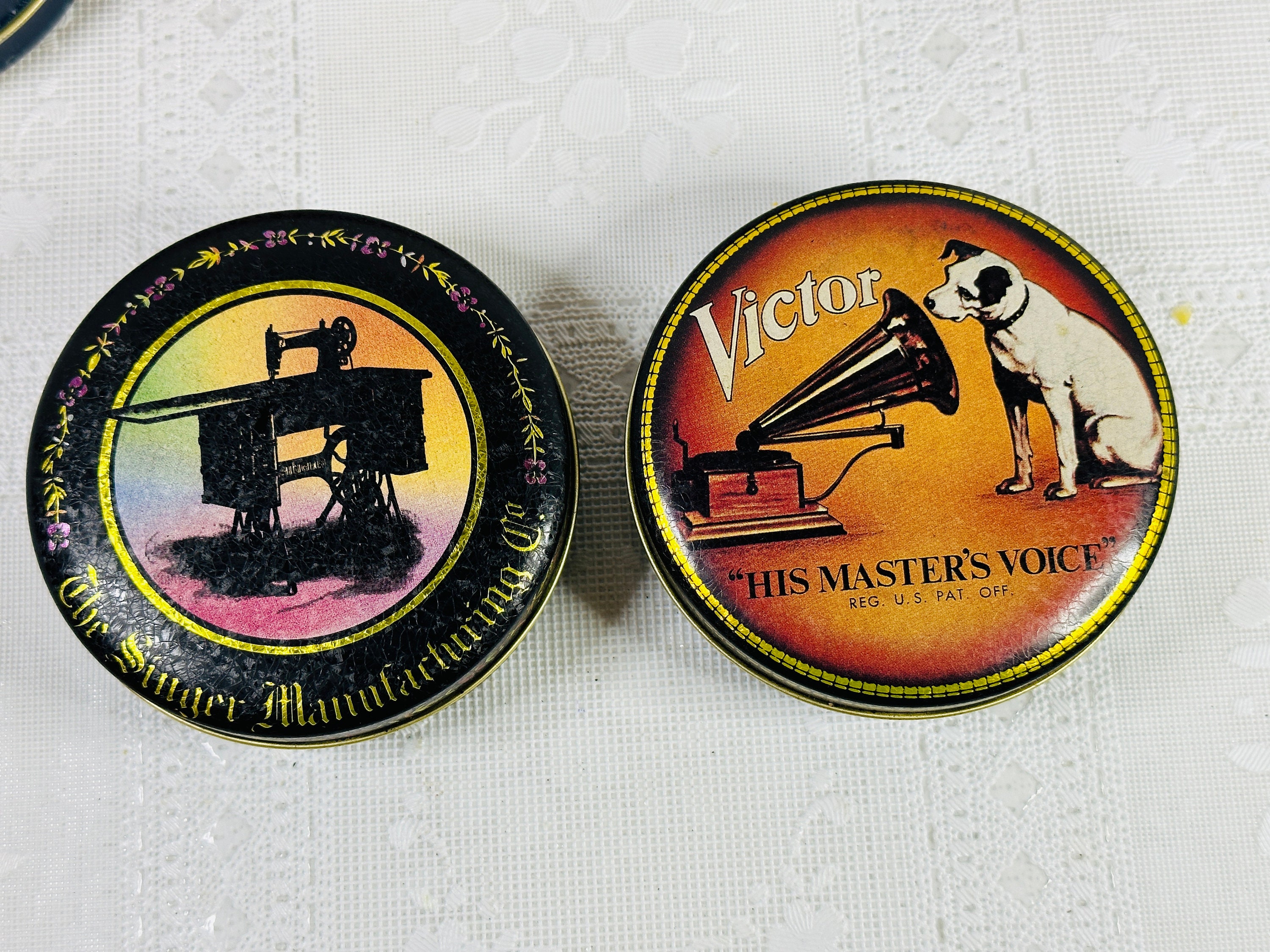 Small Advertising Tins, Singer Sewing Tin, Hormel 100th Year